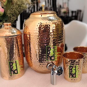 100% Pure Copper Water Dispenser Set Hammered Pitcher + 1500ml Jug + 2 Tumblers (300ml) Ayurvedic Health Benefits 4L, 8L, 12L, 16L Storage