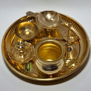 Brass Pooja Thali Set of 7 Traditional Hindu Prayer Set 6in Aarti Plate with Diya, Lota, Bell, Bowl, Incense Holder, Spoon Home Temple Décor