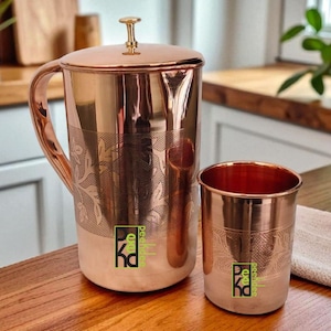 Pure Copper Water Flower Etch Jug 1.5 L (1500 ml) With Brass Knob Top Pitcher Ayurveda Health Benefits and Tumbler Set 1/2/4/6 300 ml Each
