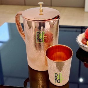 Pure Copper Water Emboss Jug 1.5 L (1500 ml) With Brass Knob Top Pitcher Ayurveda Health Benefits and Tumbler Set 1/2/4/6 300 ml Each