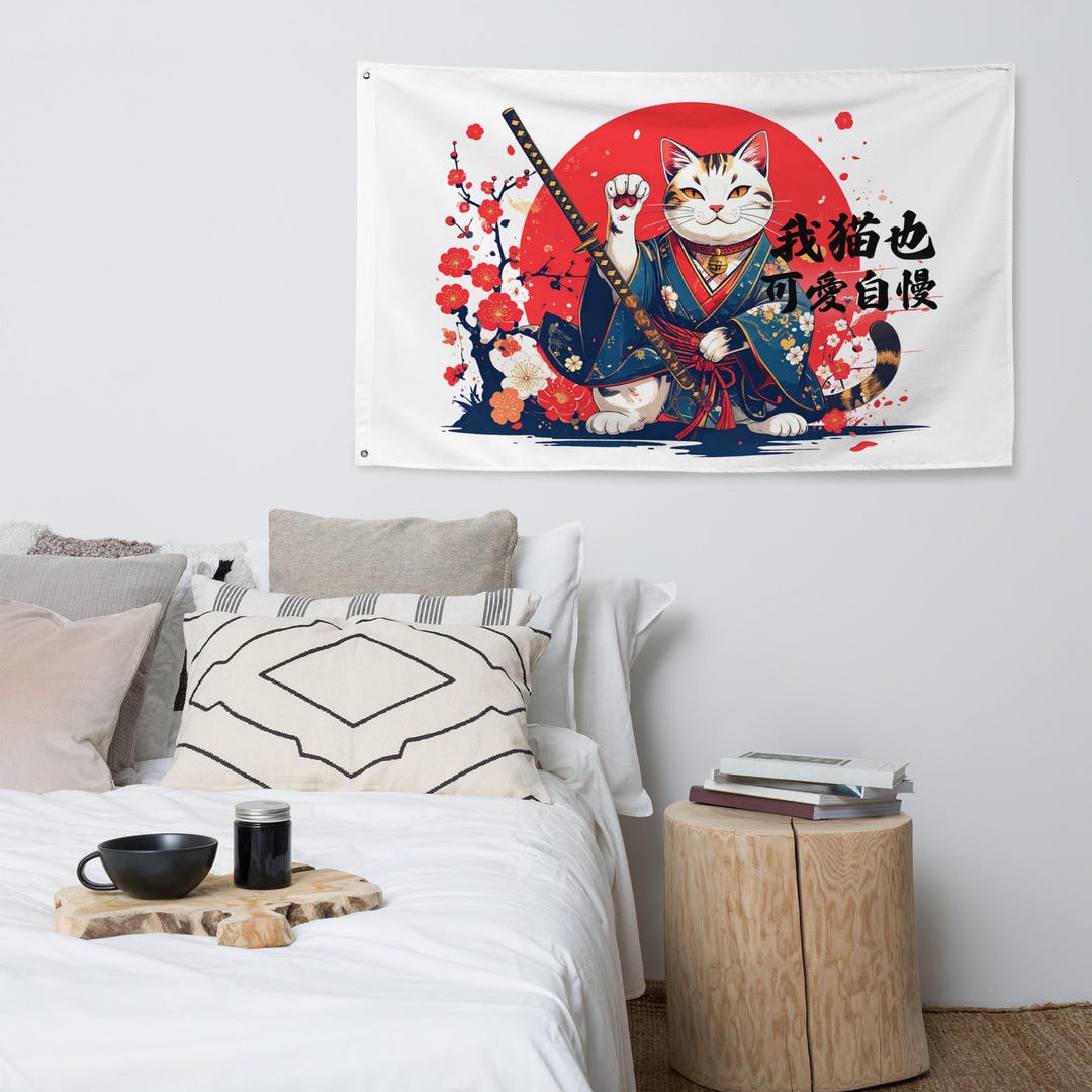 Lucky Maneki Neko Embroidery Wall Hanging Flag | Japanese Good Luck Cat ...