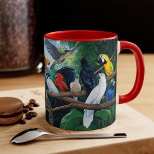 Tropical Birds Accent Mug, Colorful Coffee Cup for Nature Lovers, Tropical Paradise Tea Mug, Exotic Birds Ceramic Mug, Tropical Decor Gift,