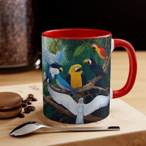 Tropical Birds Accent Mug, Colorful Coffee Cup for Nature Lovers, Tropical Paradise Tea Mug, Exotic Birds Ceramic Mug, Tropical Decor Gift,