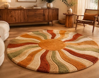 Round Hand Tufted Sunburst Rug, Retro Modern Round Area Rug, Mid Century Sun Carpet, Boho Abstract 70s Decor Rug, Terracotta Circle Carpet