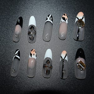 Custom Reusable Press On Nail For Party,Nail Art,Premium Hand Paint Nail,Long Almond,Gift For Her,Wedding Nail