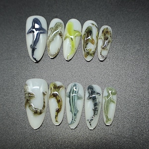 3D Handmade Shark Nails,Shark & Ocean Theme Nail Art,Marine Life Fake Nails,Oval Nail Art,Vacation,Birthday,Gift For Her