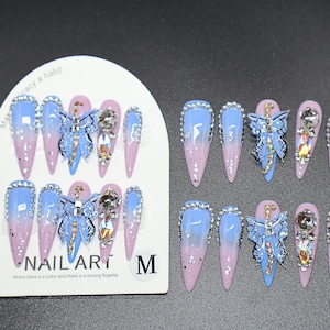 Blue And Pink Butterfly Press On Nail Long Stiletto Nails,Glitter Nails,Sparkle Nails,Star Nails,Birthday Gift,Wedding Gift,For Her