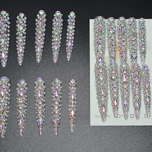 Atemberaubende Swarovski Bling Nägel, lange Stiletto Kristallpresse auf den Nägeln, Sommerpresse auf den Nägeln, fluoreszierender Regenbogen, Kunstnägel, Geschenk für Mädchen