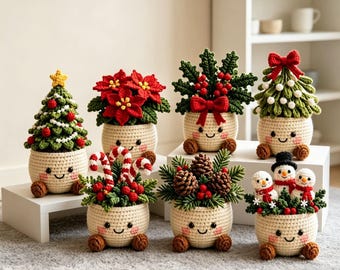 May include: A collection of seven crocheted Christmas-themed potted plants, each featuring a cream-colored base with a smiling face, pink cheeks, and small brown feet. The plants include a tree with a star, poinsettias, holly, mistletoe, candy canes, pinecones, and snowmen.