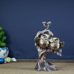 Owl Couple on Tree Statue | Resin Owl Figurine for Home Decor, Romantic Bird Sculpture, Wedding & Anniversary Gift