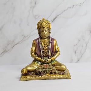Lord Hanuman Sitting Religious Hindu Statue with Gada, Indian Bahubali God Figurine Resin Rambhakta Monkey God, Lord Rama God of Strength