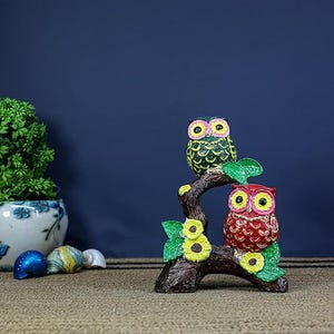 Elegant Owl Couple on Tree Statue | Resin Owl Figurine for Home Decor, Romantic Bird Sculpture, Wedding & Anniversary Gift