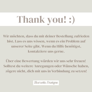 May include: A light gray informational card featuring the text Thank you! :) followed by German text regarding customer satisfaction, support, and feedback requests, ending with the brand name Maranita Designs at the bottom in a dark font.
