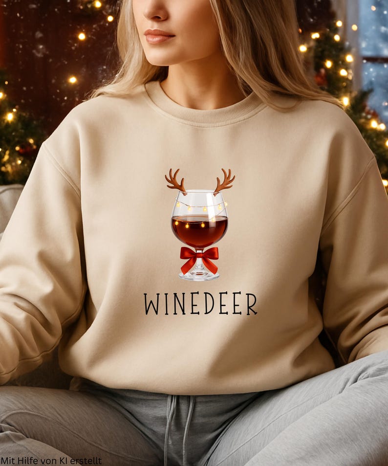 May include: A beige crewneck sweatshirt featuring a graphic of a wine glass with brown reindeer antlers, a string of small yellow lights, and a red bow. Below the graphic, the text WINEDEER is printed in a simple black sans-serif font.
