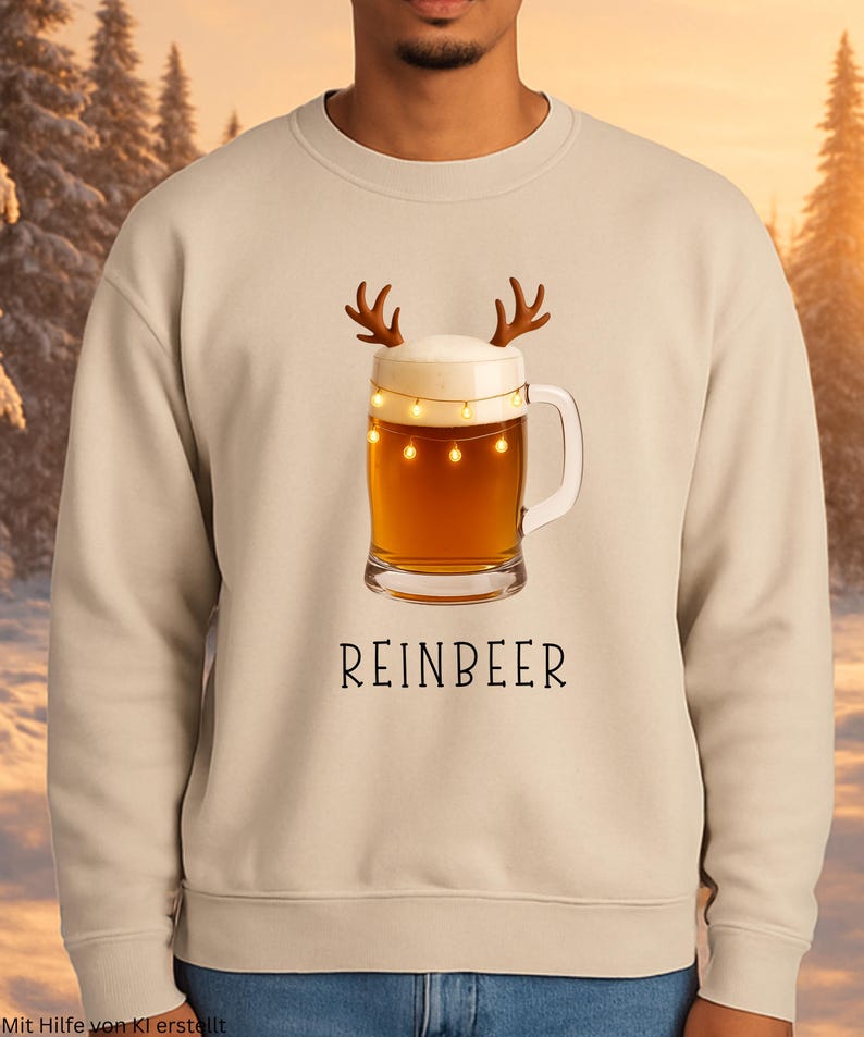 May include: A beige crewneck sweatshirt featuring a graphic of a glass beer mug with foam, brown reindeer antlers, and glowing string lights wrapped around the top. The text REINBEER is printed in black capital letters below the beer mug graphic.