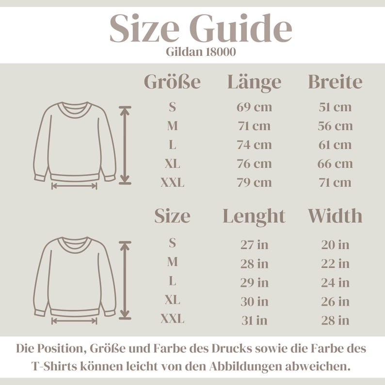 May include: A Gildan 18000 size guide chart featuring two line-art illustrations of a crewneck sweatshirt. The chart displays measurements in both centimetres and inches for sizes S, M, L, XL, and XXL, detailing length and width dimensions.