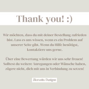 May include: A light grey informational card featuring the text Thank you! :) followed by German text requesting customer feedback and offering support for orders, with the brand name Maranita Designs printed in a white box at the bottom.