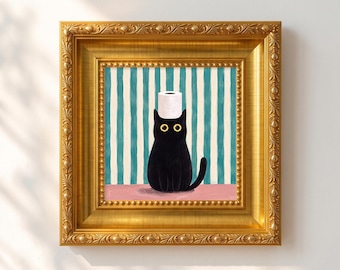 Black Cat Toilet Paper Oil Painting, Miniature Framed Funny Animal Wall Art, Whimsical Bathroom Decor, Hand-Painted Feline Portrait
