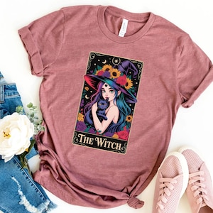 Cute Witchy Girl with Black Cat PNG, Colorful Tarot Card Digital Art for Sublimation, Halloween Gothic Aesthetic Print
