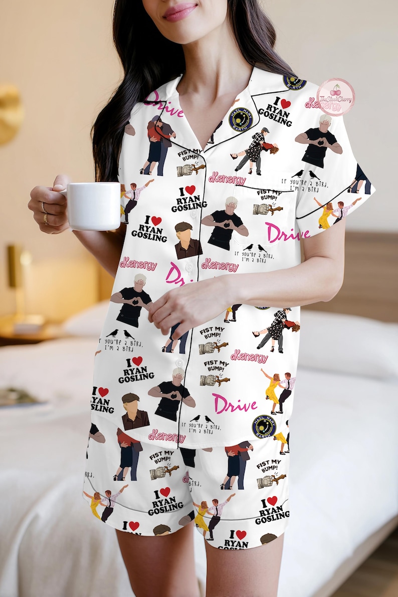 Ryan Gosling Pajama Set, Movie Star Loungewear for Women, Ryan Gosling Fan Gift, Cozy Sleepwear, Celebrity Merch, Birthday Gift for Her AllOver Short-Sleeve