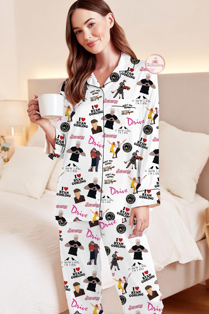 Ryan Gosling Pajama Set, Movie Star Loungewear for Women, Ryan Gosling Fan Gift, Cozy Sleepwear, Celebrity Merch, Birthday Gift for Her All-Over Long-Sleeve