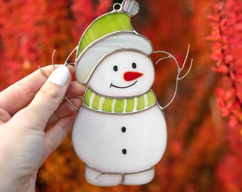 Christmas Snowman Stained Glass Ornament, Handmade Holiday Suncatcher, Winter Window Decoration, Festive Snowman Gift, Home Christmas Decor