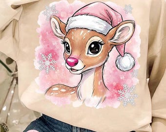 水彩クリスマストナカイ PNG、ピンクのルドルフ、サンタ帽子のクリップアート（デジタルダウンロード）