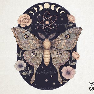 May include: A detailed illustration of a moth with intricate wing patterns in shades of beige, gray, and purple, set against a dark blue oval. The design includes floral elements, moon phases, and an atom symbol. The text "Magic Rabbit" is visible.
