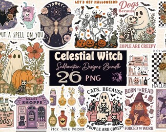 Spooky Halloween PNG Bundle: Celestial Witch, Ghost, Cat, Dog Clipart (26 Designs)