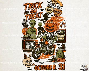 Vintage Halloween Collage: Gruseliges Skelett - Kürbisreiter PNG (Digital Download