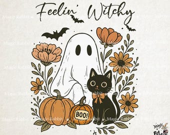 Fantôme d'Halloween rétro, chat, clipart floral (PNG)