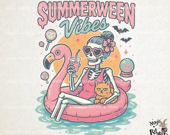 Summerween Vibes PNG, Funny Skeleton Float Halloween in Summer png,Spooky Beach Decor,Trendy Sublimation Spooky Flamingo Pool Ghost Pumpkins