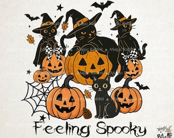 Retro Halloween Cat PNG: Czarny kot, kapelusz czarownicy i dynia (pobranie cyfrowe)