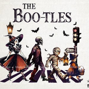 May include: Illustration of a Halloween-themed scene with the text "THE BOO-TLES". A witch, skeleton, mummy, and child cross a crosswalk. Bats and a street lamp are also present. A sign reads "SCABBY ROAD".