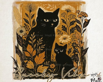 May include: Illustration of two black cats surrounded by stylized plants and flowers in shades of gold, brown, and cream. The words "Spooky Vibes" are written in a cursive font at the bottom of the image. The image has a vintage, hand-drawn aesthetic.