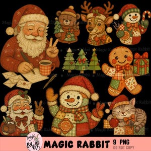 Puede incluir: Una colección de nueve imágenes PNG con temática navideña que incluyen a Papá Noel, un muñeco de nieve, un hombre de jengibre, un reno, un oso de peluche, un gato y árboles de Navidad. Las imágenes tienen un estilo vintage de patchwork sobre un fondo negro. El texto "MAGIC RABBIT 9 PNG DO NOT COPY" está en la parte inferior.