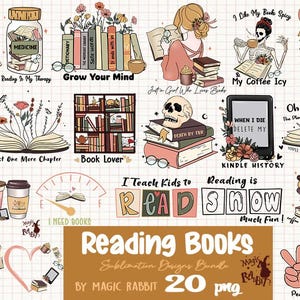 Paquete PNG de libros de lectura, sublimación de un lindo amante de los libros, clipart de profesor leyendo para camisetas, tazas, pegatinas, pegatinas de lectura PNG / Club de lectura SVG