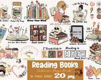 Peut inclure: Une collection d'art numérique avec des illustrations sur le thème de la lecture. Comprend des images de livres, de tasses à café, d'un ours lisant, d'un crâne avec des livres et du texte comme "Reading is Snow Much Fun!" et "Reading Books".