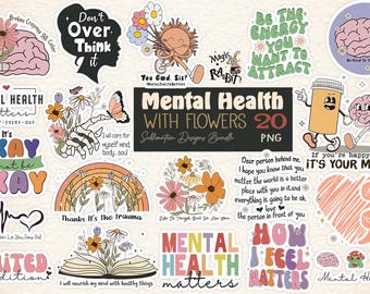 Mental Health PNG Bundle: Floral Self-Care Quotes (Digital Download, Personal Use Only)