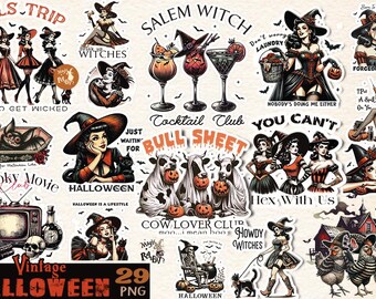 Vintage Halloween PNG Bundle, Retro Spooky Hexe Designs (Digitaler Download)