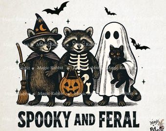 Retro Halloween Raccoon PNG: Spooky Feral Animal Clipart (Digital Download