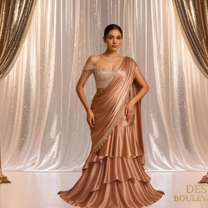 Bronzed Rose Gold Satin Georgette Pre-Draped Saree with Embellished Sequin Blouse – Tiered Ruffle Saree – Indian Formal Wear | DESI BLVD