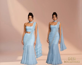 Powder Blue Pre-Draped Ruffle Saree Strapless Corset Blouse – Modern Indian Fusion Outfit | DESI BLVD