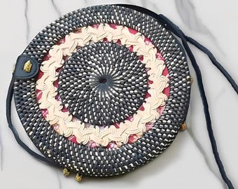 Black Gendis Rattan Bag – 20 cm Round Rattan Bag, Rattan Bag, Boho Bag, Bali Rattan Bag, Etnic Bag, Bohemian Bag, Wooden Bag