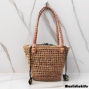 Full Ate Woven Funnel Rattan Bag with Braided Rope, Rattan Bag, Boho Bag, Etnic Bag, Bohemian Bag, Wooden Bag
