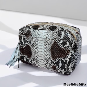 May include: A square, zippered cosmetic bag with a snakeskin pattern in shades of black, white, and brown. The bag has a small, light blue tassel on the side. The zipper is gold-toned.