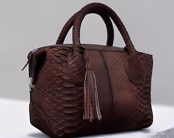 Bolso marrón Natalie, el más vendido, elegante, chic y versátil, modelo para mujer, bolso de piel de serpiente, bolso de piel de serpiente auténtica, bolso de piel exótica, piel de pitón.
