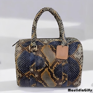 May include: A rectangular handbag with a snakeskin pattern in shades of blue, brown, and gold. The bag has a top handle, a zipper closure, and a small leather tag. The bag is set against a white background.