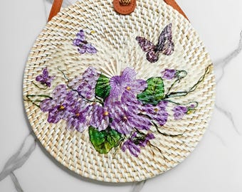 Boho Chic Bali Rattan Bag with Decorative Artwork, Rattan Bag, Boho Bag, Bali Rattan Bag, Etnic Bag, Bohemian Bag, Wooden Bag