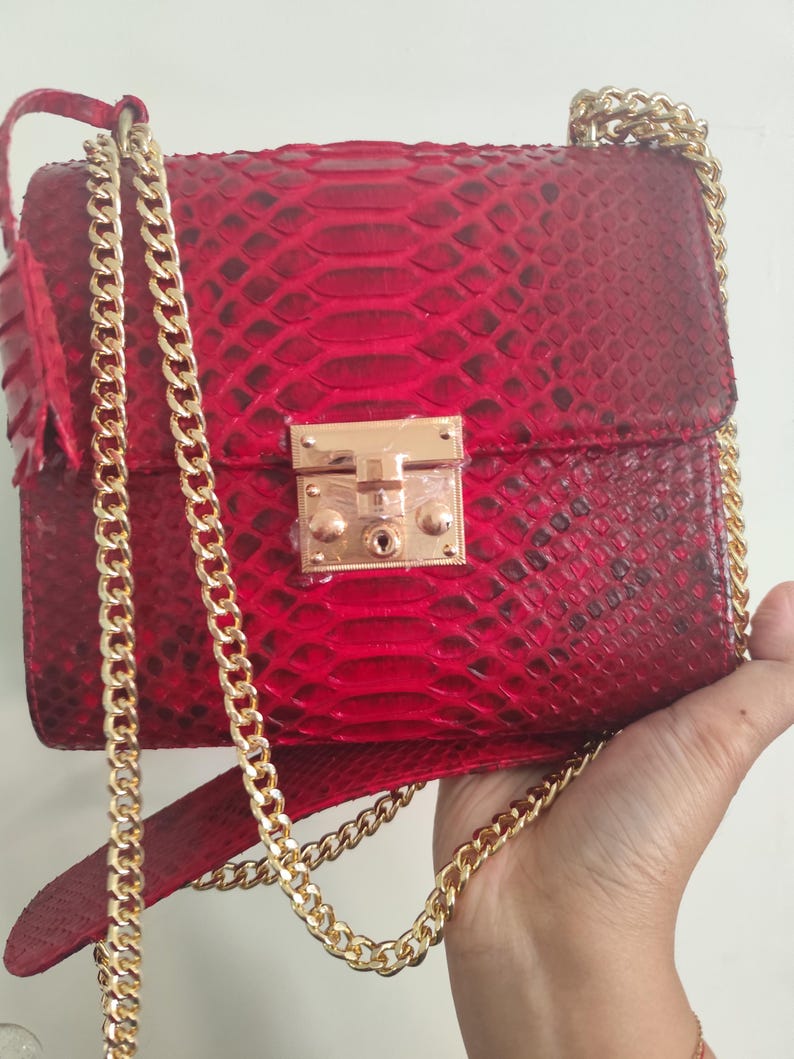 Puede incluir: Un bolso de mano rojo vibrante con un patr&oacute;n de piel de serpiente texturizado. El bolso es rectangular con un cierre de metal dorado en la solapa frontal. Incluye una correa de piel de serpiente roja y una cadena de eslabones de metal dorado.